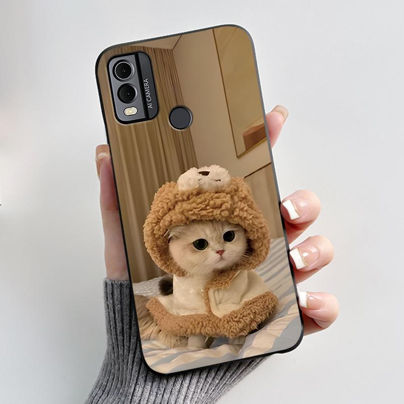 Coque Pour Nokia C22 Étui Pour Nokia C32 Coque de Téléphone Arrière Silicone Souple Noir TPU Esthétique Mignon Chat Astronaute Coque Bumper