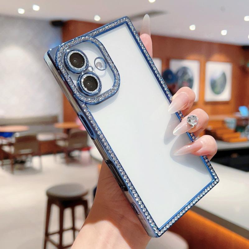 Glitter Diamond Frame Clear TPU Phone Case For iPhone 16 Pro 15 Pro Max 14 13 Transparent Shockproof Soft Bumper Cover