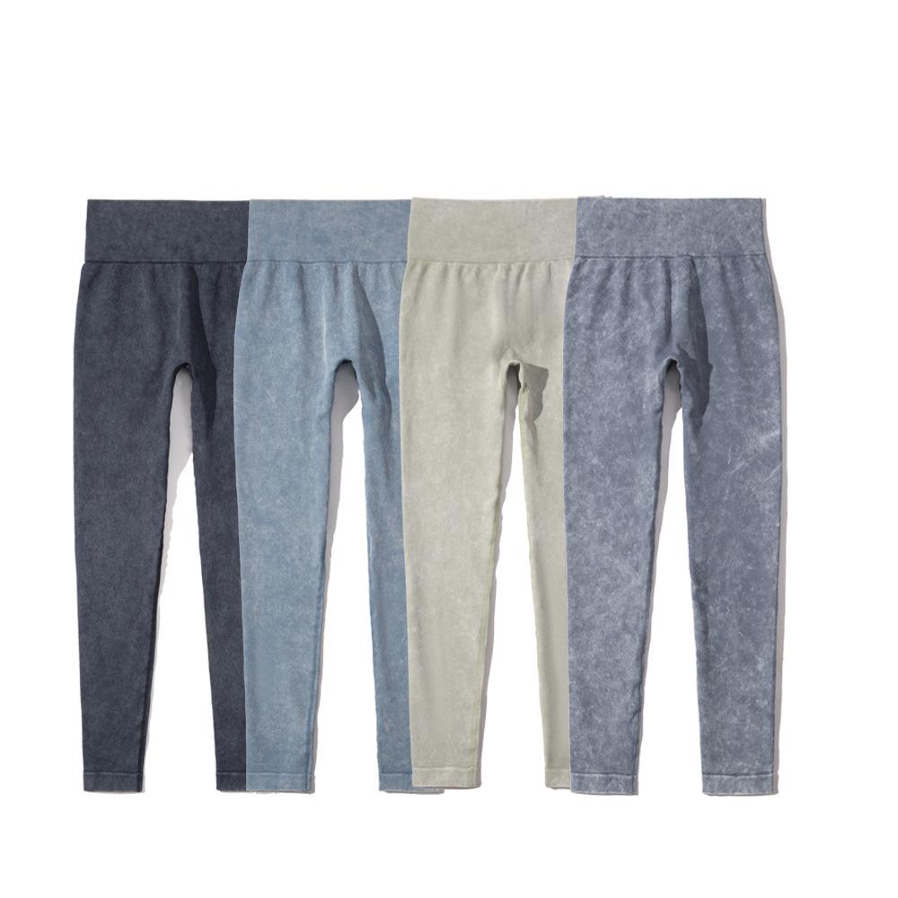 Auf Lager: Sandgewaschener Nahtloser Strick-Yoga-Anzug in Faux-Denim-Optik mit Doppelreißverschluss für Damen - Europäisches und Amerikanisches Langarm-Fitness-Set