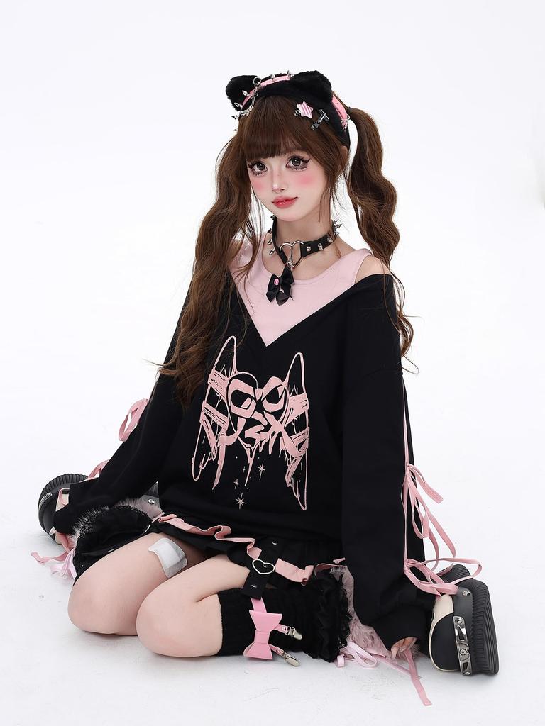 TOWYYO Hoodie mit Band und Lang Perfekt für und Herbst Damen Harajuku-inspiriert Schulterfrei Träger, Ärmel, Print, Y2k, Niedlich, V-Ausschnitt,
