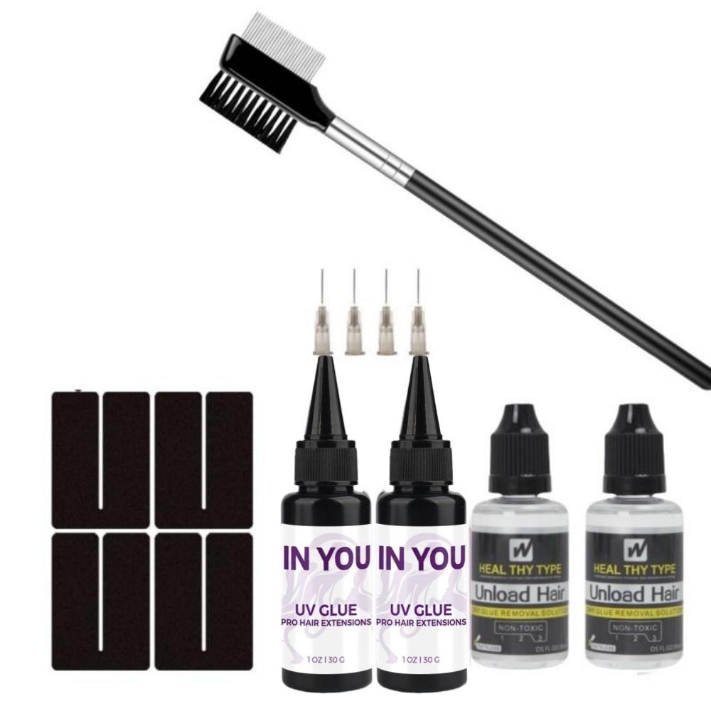 

Professional Invisible Hair Extension Kit with Super Fast Remover, UV Glue & Full Accessories – Complete Salon & DIY Set for UV Lamp Bonds A set
