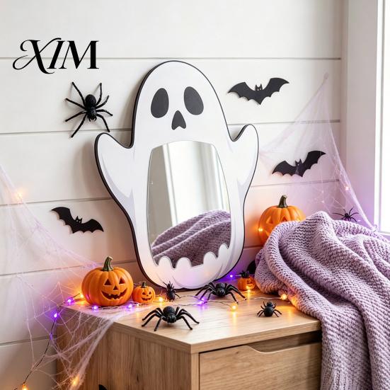 Hexen Ästhetik Wandkunst Halloween Dekoration Spiegel aus Holz, Kürbis Geist Fledermaus Hexe Cartoon Spiegel Dekoration, Lustig für Eingangsbereich Party, Festlich