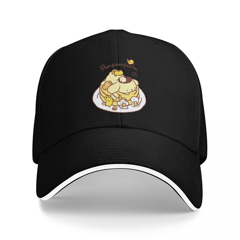 Pancake Cat Baseball Cap Featuring Adorable Cartoon Character with Honey and Flowers Design on Black Hat with White Trim
