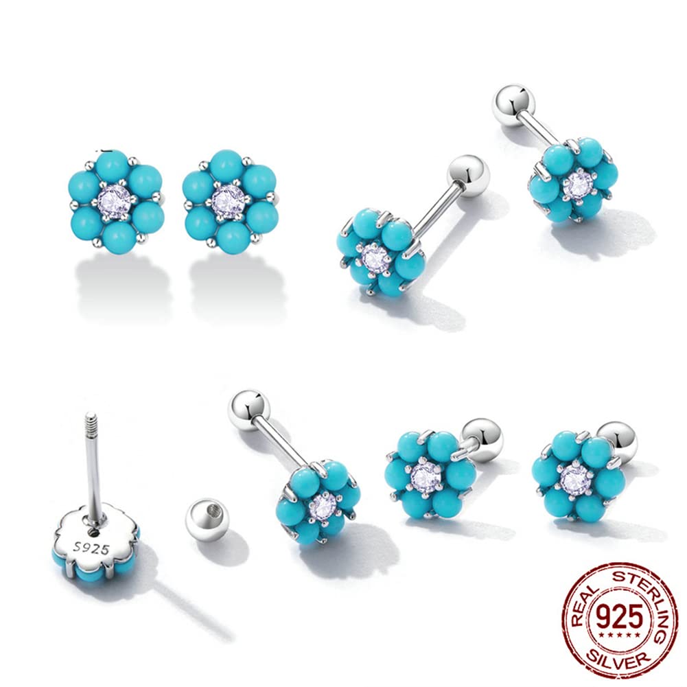 Rockyu Earrings for Simple and 925 Turquoise Second Turquoise Accessories Women, Beautiful, Silver, Small, Earrings, Earrings, Flowers, Zirconia,