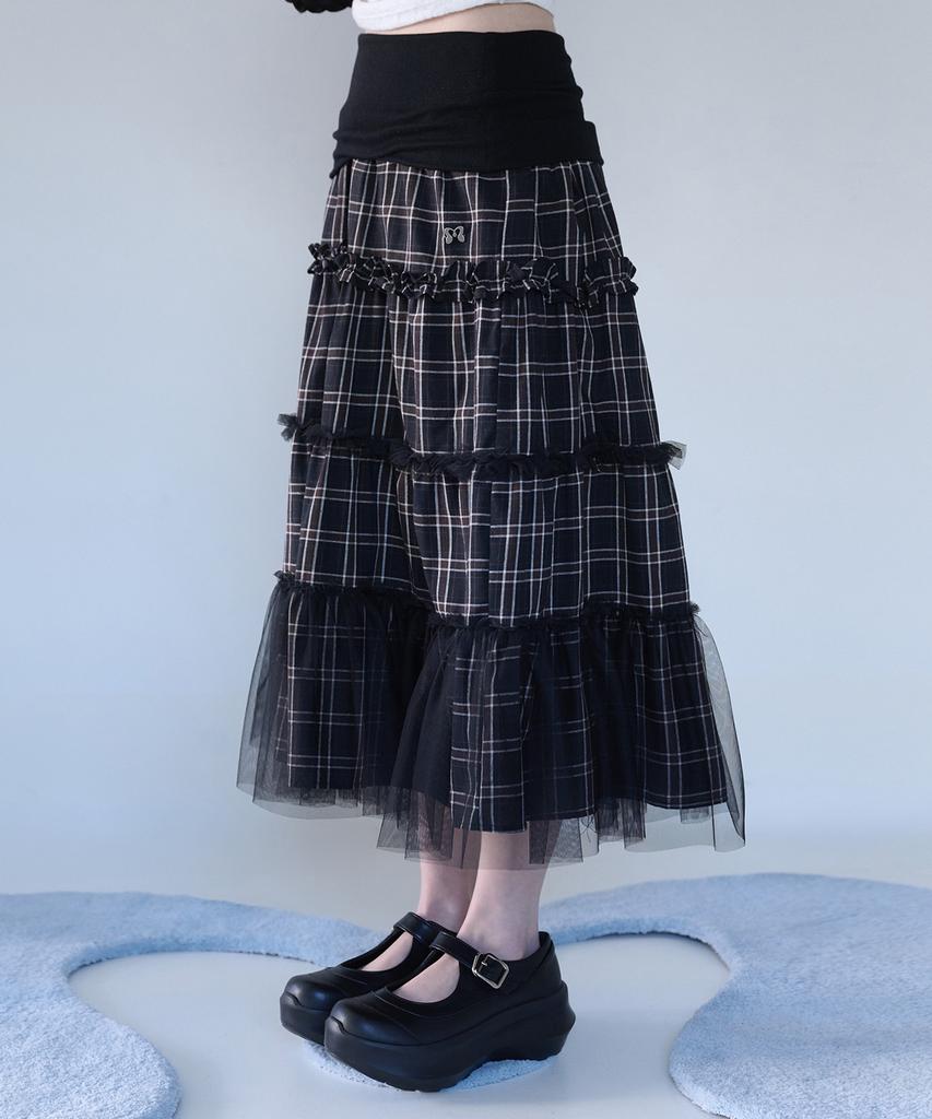 Mileko Folded Check Frill Mesh Sk Black