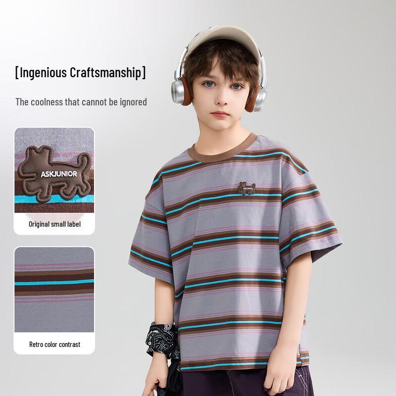 ASK JUNIOR Boys' Stripe Ribbed Round Neck Short Sleeve T-Shirt