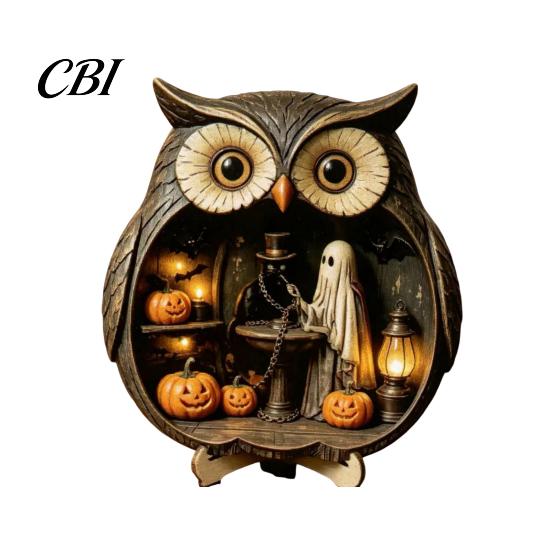 Vintage Wood Halloween Wooden Owl Tabletop Centerpiece, 2D Flat Pumpkin Ghost Bat Art Skeleton Standing Table Sign for Party, Shelf, Desk Decor Shelf