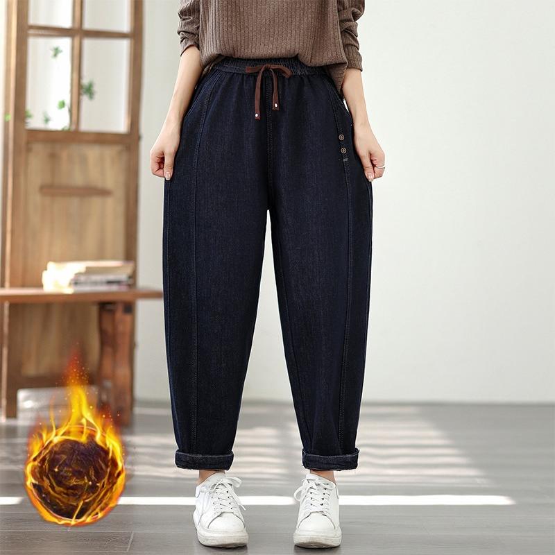 

Korean Fashion Autumn Winter Women Basic Jeans Elastic Waist Drawstring Buttons Casual Loose Denim Pants Fleece Warm Thick Blue Ladies Jeans M