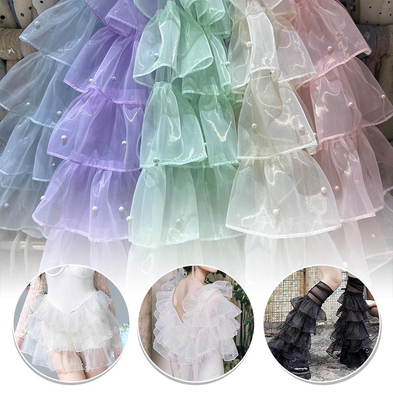 1Yards 5 Layer Organza Ruffled Beads Lace Fabric DIY Sewing Trim For Clothes Accessories Wedding Dress Pearl Design Fabric