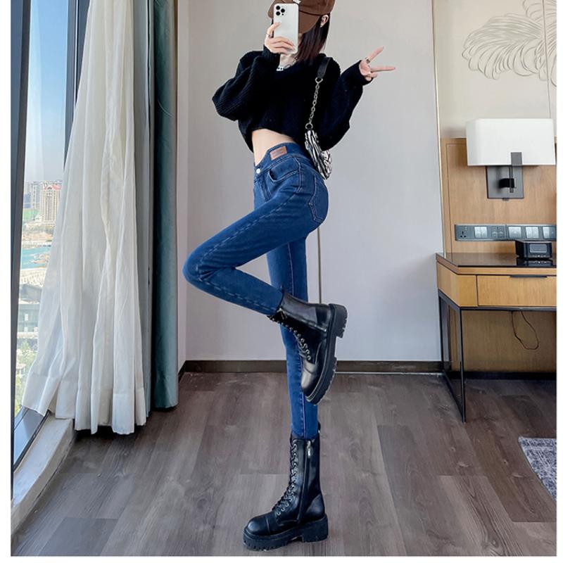 Winter Jeans High Waist Button Slim Women Fleece Skinny Elasticity Thickening Warm Velvet Female Little Feet Pencil Denim Trouser