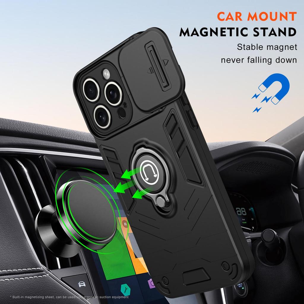 Armor Case for iPhone 15 16 Pro Max Plus/ 16E/ 14/ 13/ 12/ 11/ XS/ XR/ X with 360° Magnetic Metal Ring Holder,Sliding Camera Cover & Anti-Scratch Back