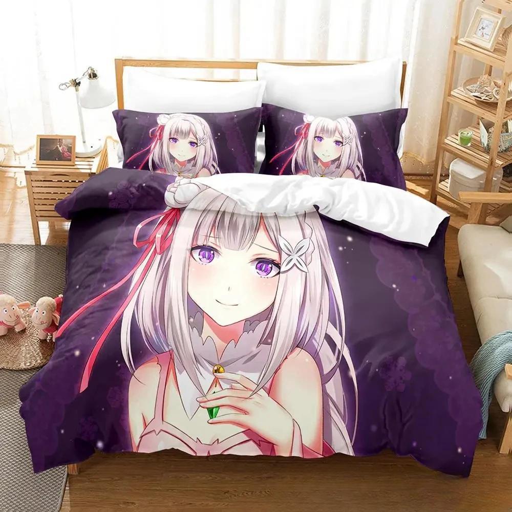 3D Print Anime Re Zero Rem Ram Emilia Bedding Set Duvetcover Bed Set Quilt Cover Pillowcase Comforter King Queen Size Boys Adult