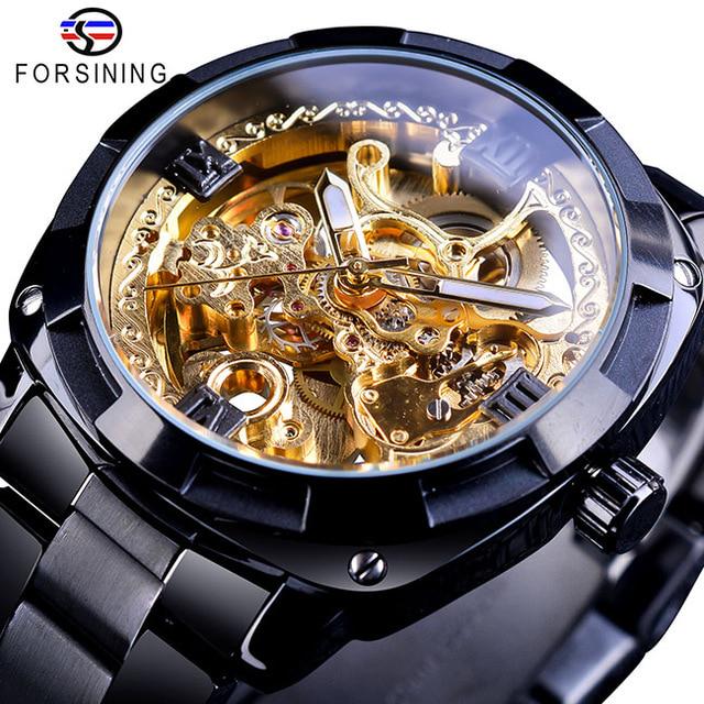 Forsining Mode transparent Retro männer Automatische Mechanische Uhr Top Marke Luxus Volle Goldene Leucht Hände Skeleton Uhr