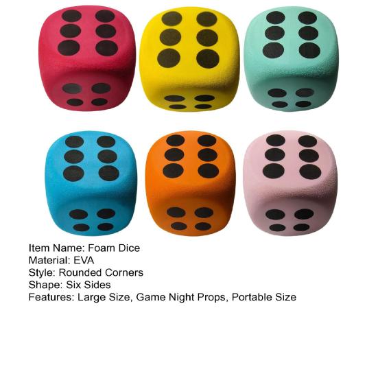6Pcs 3.8/6/8CM Giant EVA Foam Dice Rounded Corner Six-Sided Large Dice Gaming Dice Toy Board Game Prop Game Casino Themed Party Decoration