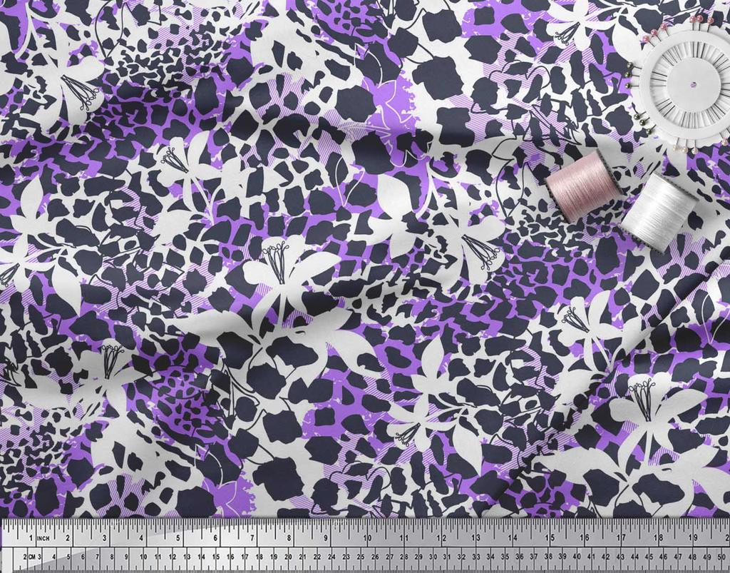 Soimoi Purple Japan Crepe Satin Fabric Leopard Animal Skin Printed Fabric 1 Metre 42 Inch