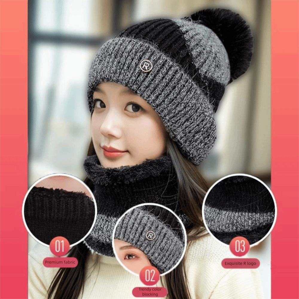 Elastic Winter Pullover Cap Plush Ball Beanie Hat Dome Hat Cap and Scarf Suit  Gifts
