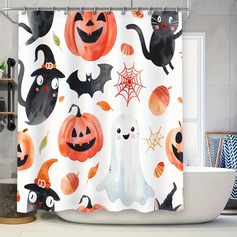 

Halloween-Themed Shower Curtain Decor Featuring Spooky Pumpkins, Ghosts, Bats Spiders Perfect For Bathroom Decoration W60H190(CM)-1 Pcs
