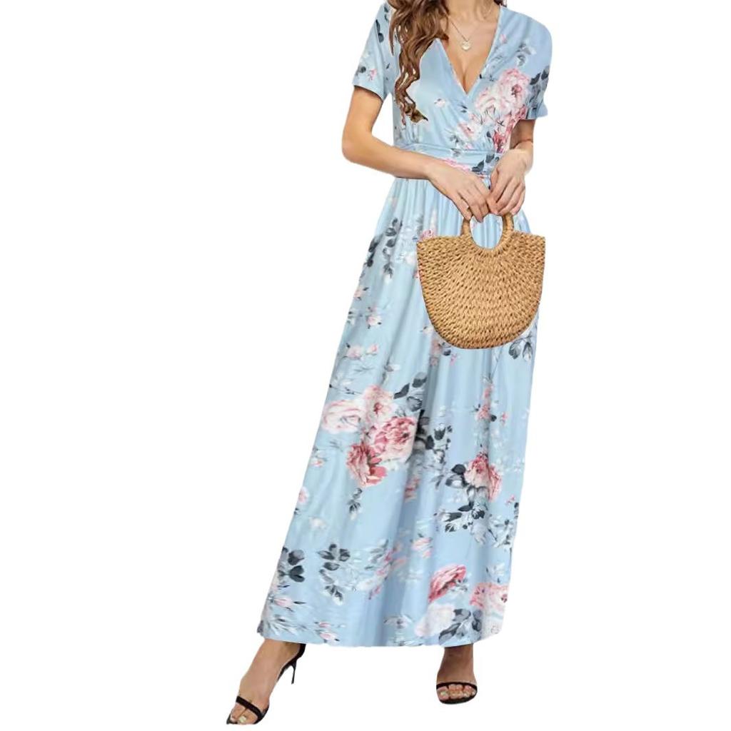 Women's Short-sleeved V-neck Wrap Belt Pocket Printed Elegant Long Dress