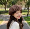 British retro plaid beret spring and autumn dome octagonal hat design sense pumpkin hat shows small face and big head circumference