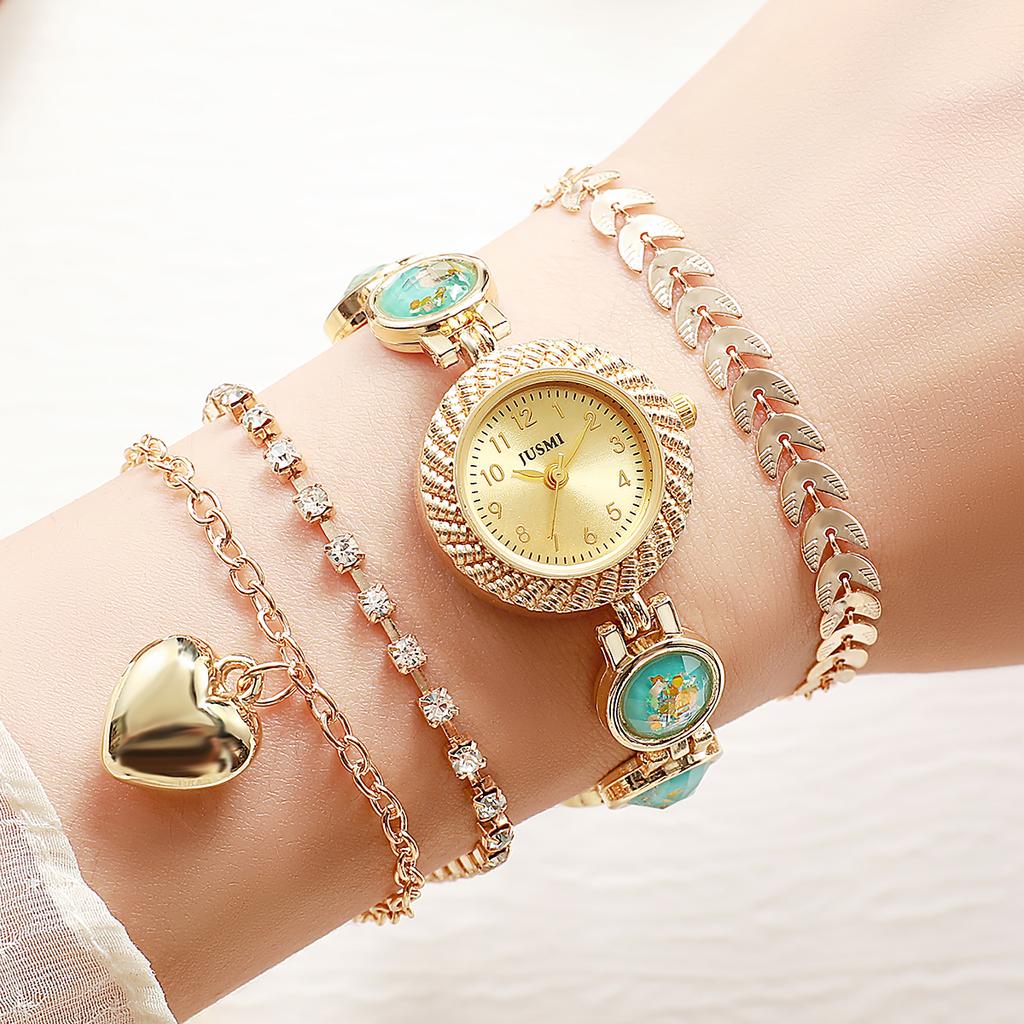 Ladies' Sweet and Exquisite Quartz Watch + Multi-style Bracelet Set, Gold with Diamond Inlay Heart-shaped Pendant
