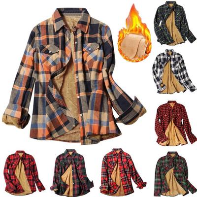 Fashion Plaid Print Fleece Shirt For Ladies Button Winter Lapel Jacket Pocket Ladies Coat