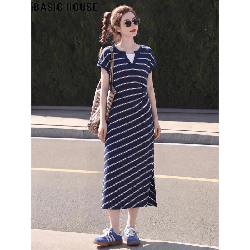 Basic House Women s Striped Faux Two-Piece T-Shirt Dress M