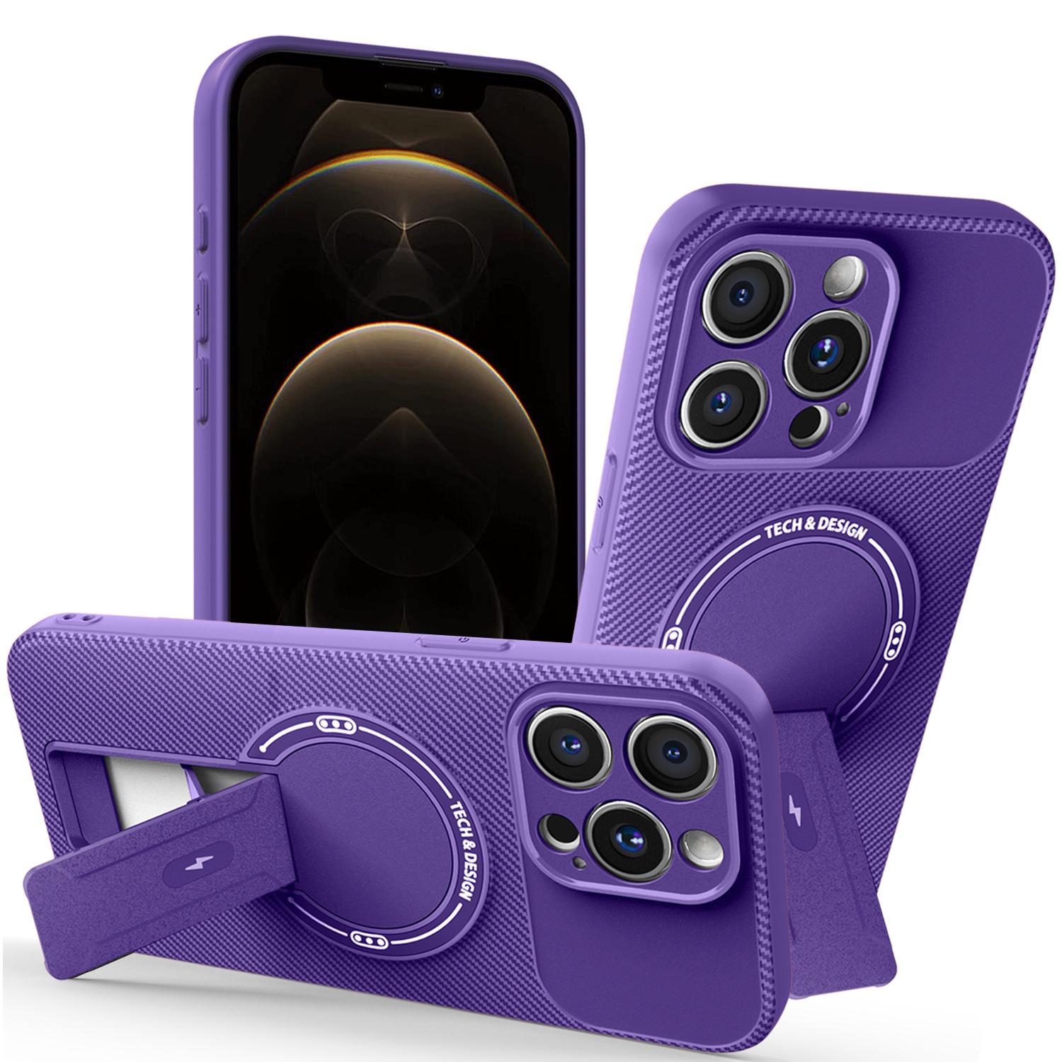 

For iPhone 12 Pro Max Case with Kickstand Carbon Fiber Texture PC+TPU Phone Cover Purple