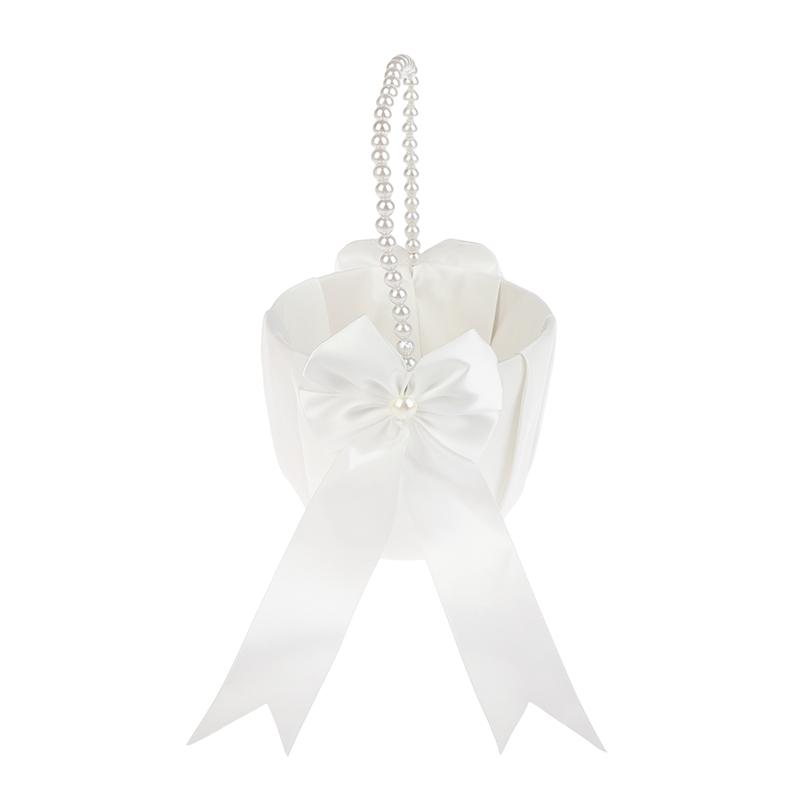 1Pc Pearl Handle Flower Basket Bow Satin White Western Rustic Bowknot Wedding Flower Basket For Floral Petals