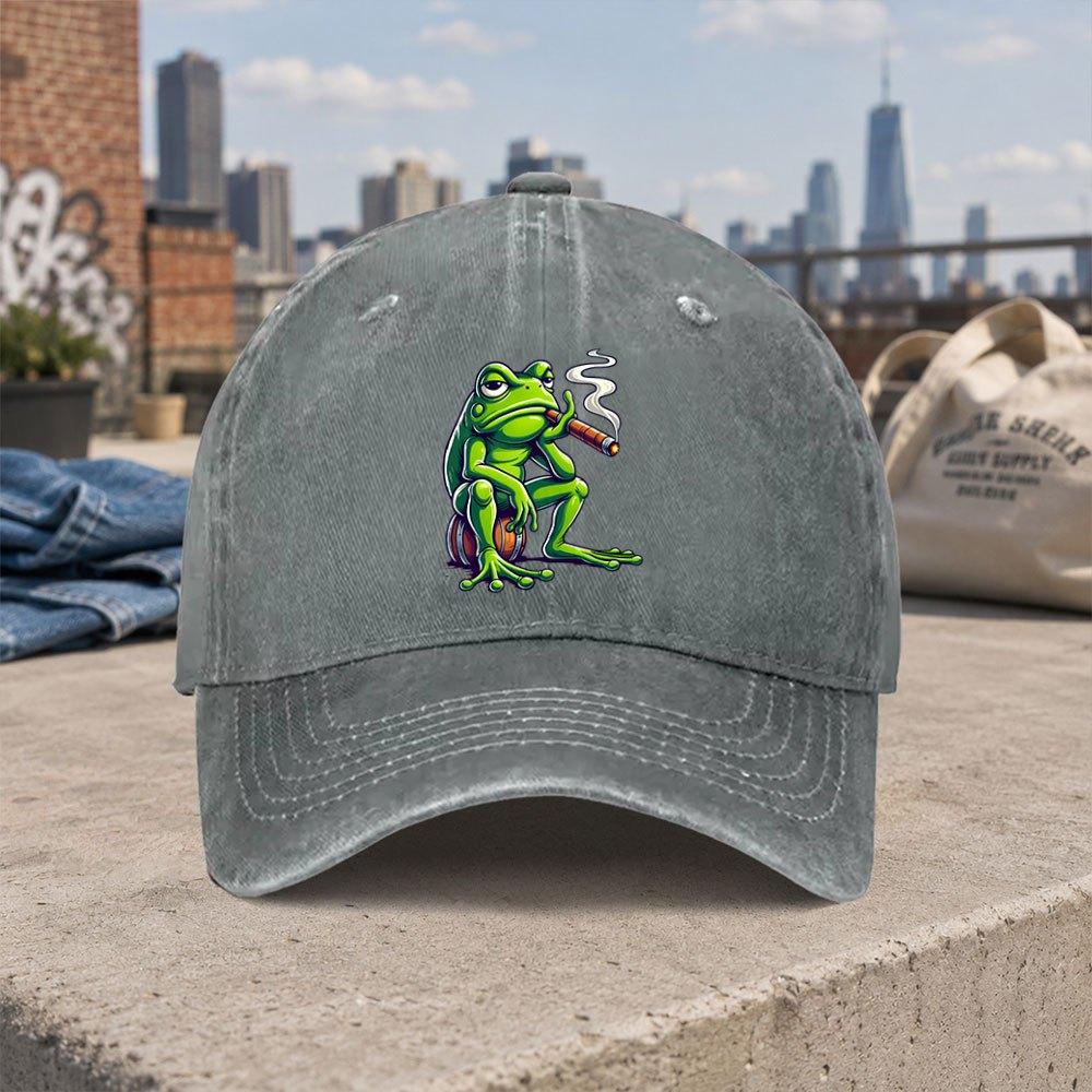 Smoking Frog Cap Vintage Washed Duckbill Baseball Hat Hook  Loop Closure Unisex FrogThemed Casual Graduation Gift