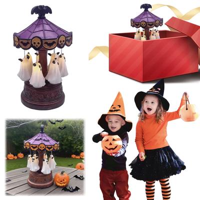 Ghost Carousel Night Light Purple Stained Glass Vintage Carousel Decor LED Vintage Lamp for Bedroom Home Kitchen Mantel Tabletop