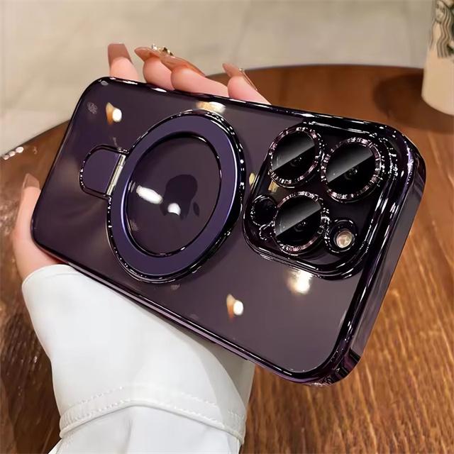 

Магнитный держатель-кольцо Прозрачный противоударный чехол для кронштейна MagSafe Гальванический чехол для iPhone 16 15 13 12 14 Pro Max Plus For iPhone 14 ProMax фиолетовый