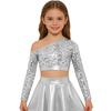 Girls Jazz Dance One Shoulder Long Sleeve Sequins Top Performance Competition Costume