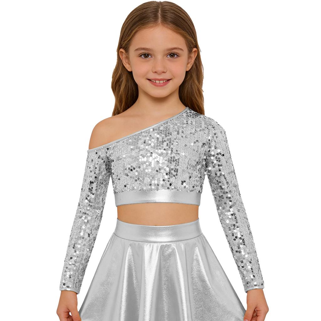 Girls Jazz Dance One Shoulder Long Sleeve Sequins Top Performance Competition Costume