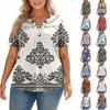 Modisches, lässiges Damen-Top mit V-Ausschnitt, Knopfleiste, Oversize-Schnitt, kurzen Ärmeln und Print
