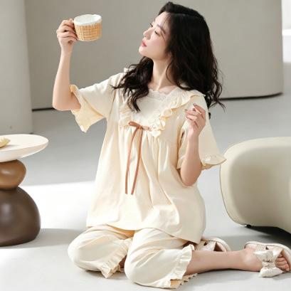 Pure cotton pajamas women's summer short-sleeved cropped pants princess style Korean version women's summer can wear loose loungewear