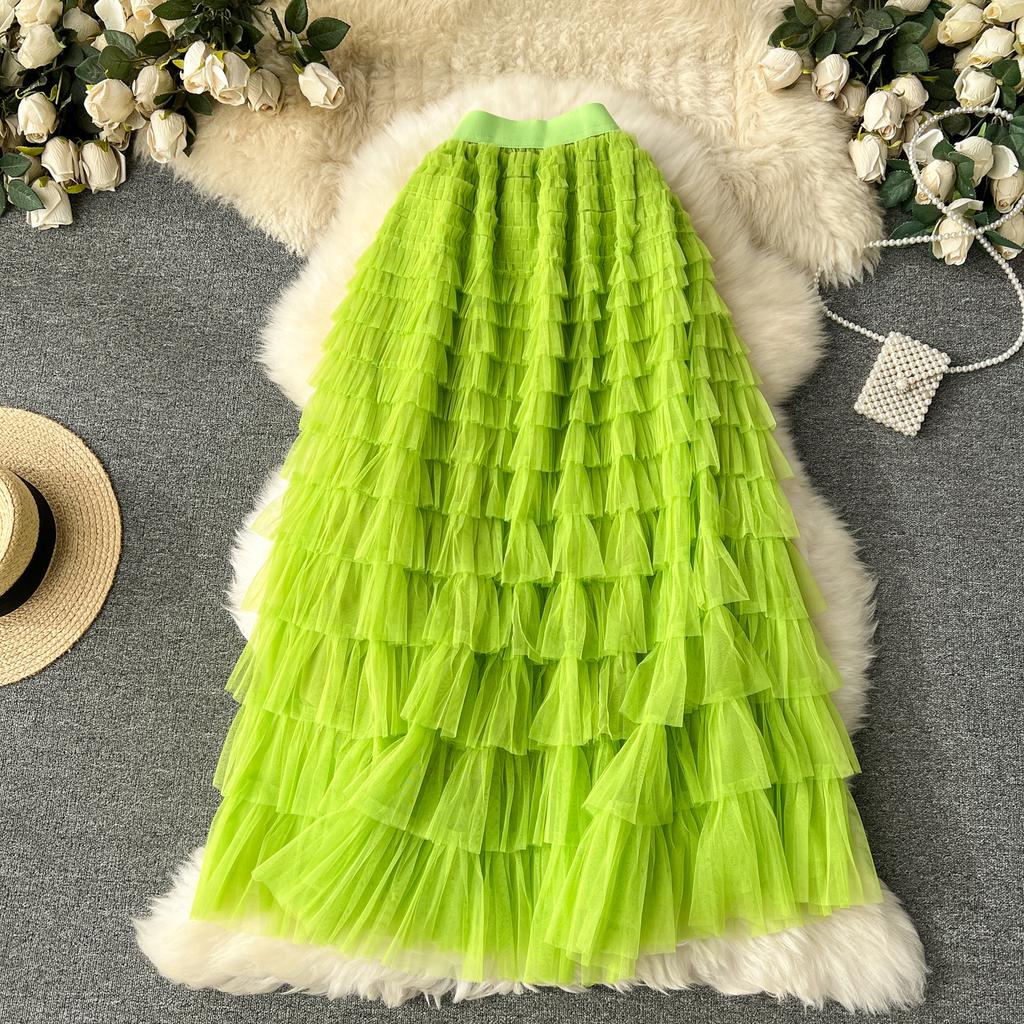 Summer Women Elegant Ruffles Mesh Elstic Waist Long Midi Cake Skirt