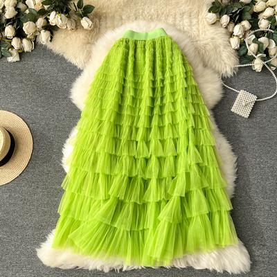 Summer Women Elegant Ruffles Mesh Elstic Waist Long Midi Cake Skirt