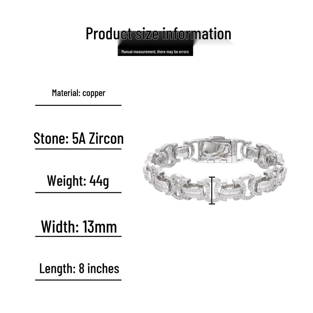 European-American Hip Hop 13mm Diamond Zirconia Bow Square Chain Necklace & Bracelet Set