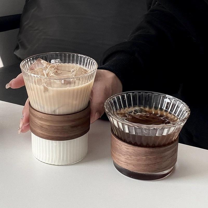 Glass Coffee Mug Japanese Style Walnut Cup SleeveTransparent Kawaii Cup Coffeeware Beautiful Tea Mugs Beer Mug Cute Mug