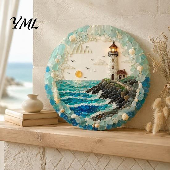 Housewarming Gift for Beach House Lighthouse Sea Glass Art Wall Ornament, Hand Assembled Shells And Tumbled Decorative Ornament Decor, Style