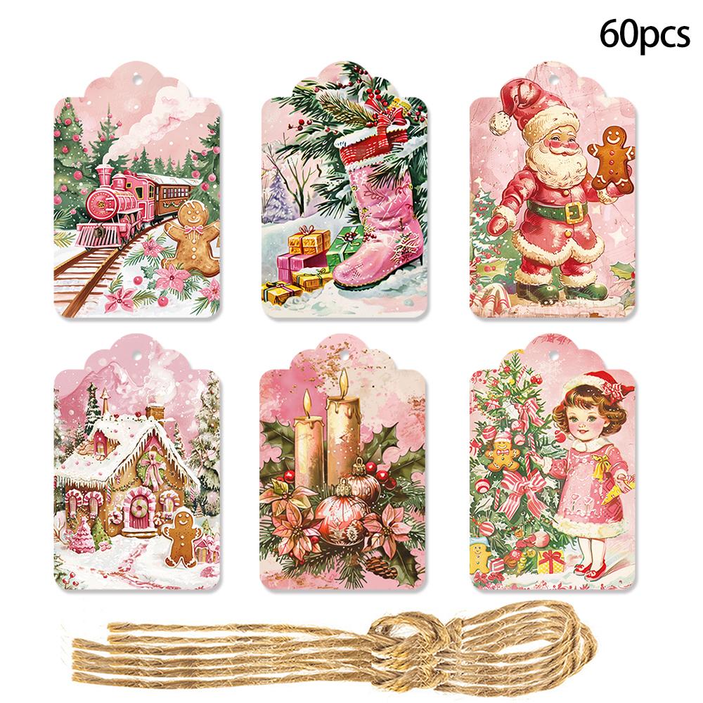 

60pcs Pink Vintage Christmas Gift Tags Retro Santa Claus car Paper Labels Hang Tag for xmas new year Gift Wrapping home decor