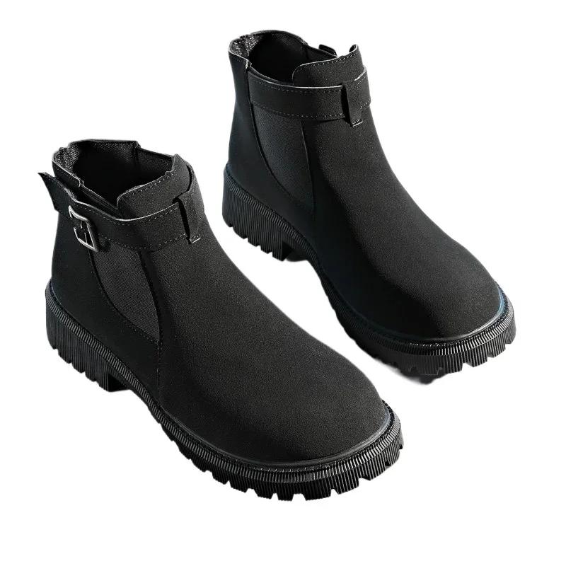 Damenschuhe 2024 Übergröße Knöchel Damenstiefel Plateau Moderne Stiefel Damen Schnalle Runde Zehenpartie Mittelhoher Absatz Slipper Damenschuhe