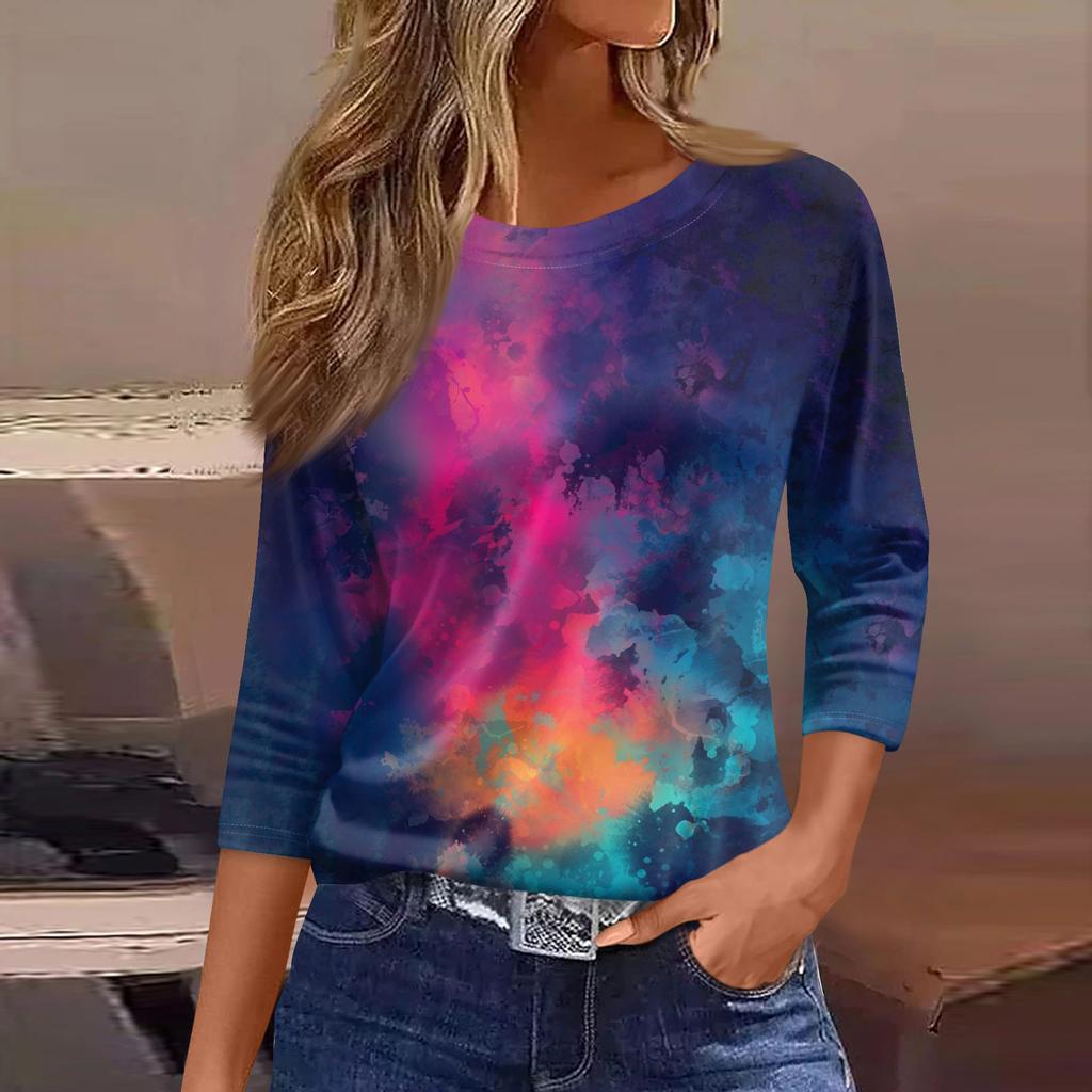 Women's Fashion Casual Round Neck 3/4 Sleeve Loose  Printed T,Shirt Ladies Top