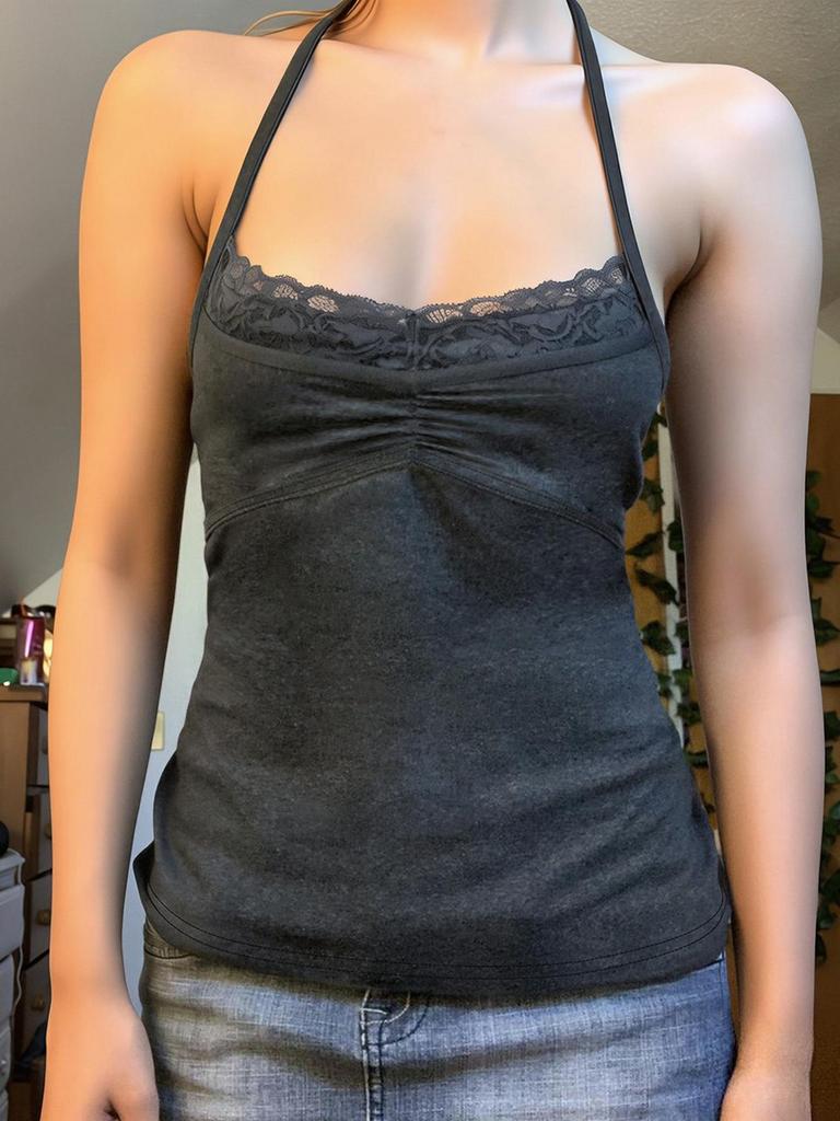 Sweet Girly Lace Halter Vest - Simple Solid Color Versatile Camisole Top