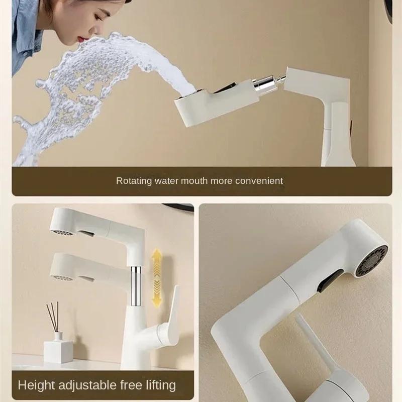 White Pull-Out Wash Basin Faucet | 360° Swivel Lift Design | Hot & Cold Multi-Function for Bathroom