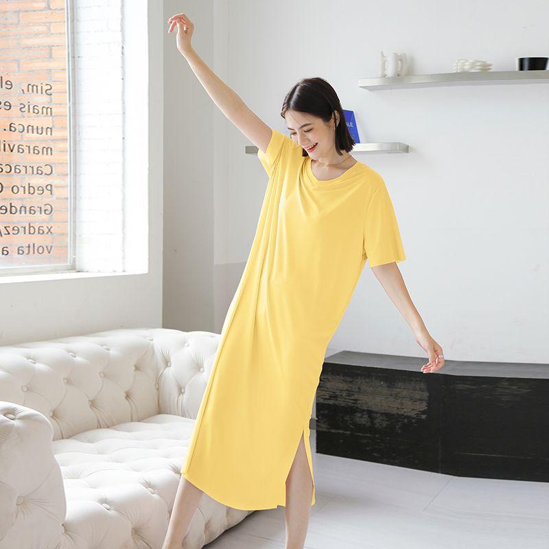 Modal Loose Nightdress Women's Summer Home Thin Casual Dress Ice Silk plus Size Slim Looking Short Sleeve Dress