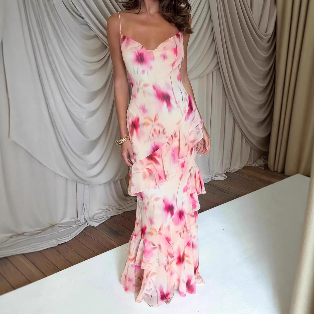 European and American style new casual and comfortable backless flower print dress sexy pink holiday suspender dress