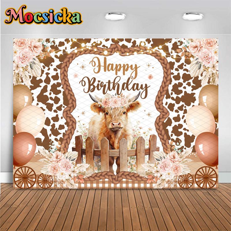 Mocsicka Happy Birthday Backdrop Western Farm Cow Print Photography Background Boho Cowgirl Party Decorations Photo Booth Banner
