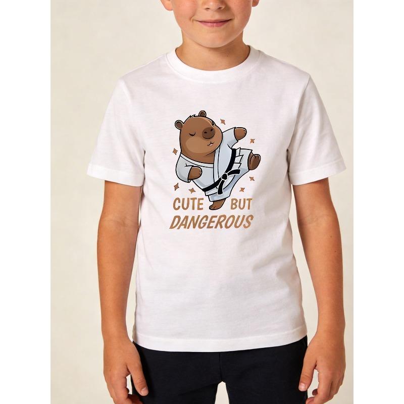 Boys Crewneck Tee, Cute Cool Capybara Karate Theme Fun Slogan Print 110