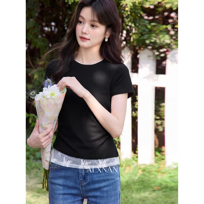 Luxiangnan Women s Faux Two-Piece Black T-Shirt L